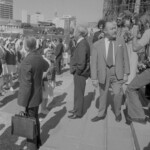 TUA76 Dental nurses from all over the country marched to Parliament in March 1974, to pressure the Government to restore their wage relativity with public health nurses. MPs were heard to comment: “It’s marvellous. They are so neat and tidy.” In any event they won relativity. Robery Muldoon Opposition leader meets the nurses.<br /><br />KEITH STEWART TUA76