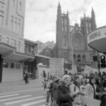 Kindergarten trainee teachers march to Parliament in Wellington in April 1974 . They were a part of a nationwide protest of over 1000 students against the low level of their salaries compared to primary school trainee teacher salaries and the unemployment benefit. TUAEC2