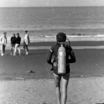 Anti-Apartheid Protest in 1971 at Brighton Beach Christchurch. Owen Wilkes in scuba gear