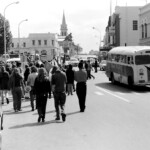 300 demonstrators, mostly young and students gathered from all over New Zealand at the Post Office in Timaru, on the East Coast of the South Island, They marched from there along the waterfront to Caroline Bay, a distance of about one mile.
From Caroline Bay the demonstrators moved out of town to Washdyke, about 3 miles to the north the site of the logistic end supply base for the Mt. John installation.