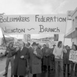 In Wellington workers stop work and march to the Employers Federation office protesting about the use of injunctions preventing workers withdrawing there labour. The march was also in solidarity with Bill Andersen imprisoned for defying a Supreme Court injunction.