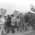 Students leaving the university to march to Rugby Union office in Wellington protesting against the proposed All Black tour to South Africa. 11 June 1970. Harry Harrison second from the right nearest to camera