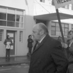 In Wellington workers stop work and march to the Employers Federation office protesting about the use of injunctions preventing workers withdrawing there labour. The march was also in solidarity with Bill Andersen imprisoned for defying a Supreme Court injunction.