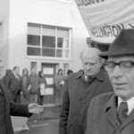 In Wellington workers stop work and march to the Employers Federation office protesting about the use of injunctions preventing workers withdrawing there labour. The march was also in solidarity with Bill Andersen imprisoned for defying a Supreme Court injunction.