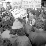In Wellington workers stop work and march to the Employers Federation office protesting about the use of injunctions preventing workers withdrawing there labour. The march was also in solidarity with Bill Andersen imprisoned for defying a Supreme Court injunction.