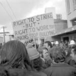 In Wellington workers stop work and march to the Employers Federation office protesting about the use of injunctions preventing workers withdrawing there labour. The march was also in solidarity with Bill Andersen imprisoned for defying a Supreme Court injunction.
