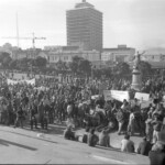 Workers from the Seamens Union and Drivers Union marched to Parliament in June 1974. They were protesting about a number of issues including cost of living and anti-union legislation being introduced that allowed injunctions on Unions supporting other unions.
