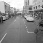 In Wellington workers stop work and march to the Employers Federation office protesting about the use of injunctions preventing workers withdrawing there labour. The march was also in solidarity with Bill Andersen imprisoned for defying a Supreme Court injunction.