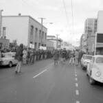 In Wellington workers stop work and march to the Employers Federation office protesting about the use of injunctions preventing workers withdrawing there labour. The march was also in solidarity with Bill Andersen imprisoned for defying a Supreme Court injunction.