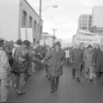 In Wellington workers stop work and march to the Employers Federation office protesting about the use of injunctions preventing workers withdrawing there labour. The march was also in solidarity with Bill Andersen imprisoned for defying a Supreme Court injunction.