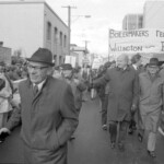 In Wellington workers stop work and march to the Employers Federation office protesting about the use of injunctions preventing workers withdrawing there labour. The march was also in solidarity with Bill Andersen imprisoned for defying a Supreme Court injunction.