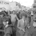 In Wellington workers stop work and march to the Employers Federation office protesting about the use of injunctions preventing workers withdrawing there labour. The march was also in solidarity with Bill Andersen imprisoned for defying a Supreme Court injunction.