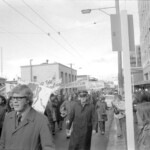 In Wellington workers stop work and march to the Employers Federation office protesting about the use of injunctions preventing workers withdrawing there labour. The march was also in solidarity with Bill Andersen imprisoned for defying a Supreme Court injunction.