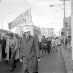 In Wellington workers stop work and march to the Employers Federation office protesting about the use of injunctions preventing workers withdrawing there labour. The march was also in solidarity with Bill Andersen imprisoned for defying a Supreme Court injunction.