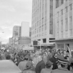 In Wellington workers stop work and march to the Employers Federation office protesting about the use of injunctions preventing workers withdrawing there labour. The march was also in solidarity with Bill Andersen imprisoned for defying a Supreme Court injunction.