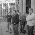 Workers from the Seamens Union and Drivers Union marched to Parliament in June 1974. They were protesting about a number of issues including cost of living and anti-union legislation being introduced that allowed injunctions on Unions supporting other unions. Ken Douglas ( Drivers Union) speaking to the crowd. Dave Morgan (Seamens Union) on his left