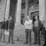 Workers from the Seamens Union and Drivers Union marched to Parliament in June 1974. They were protesting about a number of issues including cost of living and anti-union legislation being introduced that allowed injunctions on Unions supporting other unions. Ken Douglas at microphone with Dave Morgan right of him.