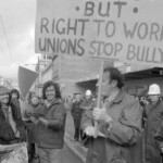 In Wellington workers stop work and march to the Employers Federation office protesting about the use of injunctions preventing workers withdrawing there labour. The march was also in solidarity with Bill Andersen imprisoned for defying a Supreme Court injunction.