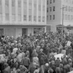 In Wellington workers stop work and march to the Employers Federation office protesting about the use of injunctions preventing workers withdrawing there labour. The march was also in solidarity with Bill Andersen imprisoned for defying a Supreme Court injunction.