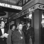 American Independence Day ball in 1973 at the Majestic Cabaret, Willis St, Wellington. Demonstrators voice their disagreement with USA involvement in the Vietnam war.
