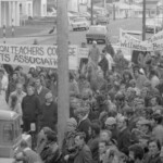 In Wellington workers stop work and march to the Employers Federation office protesting about the use of injunctions preventing workers withdrawing there labour. The march was also in solidarity with Bill Andersen imprisoned for defying a Supreme Court injunction.