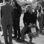On Anzac Day in 1973 there was wreath laying by a number of countries at the Wellington Cenotaph. After the main ceremony a wreath was laid at the Wellington Cenotaph on behalf of the Victoria University Students Association. Peter Wilson with the wreath, Amanda Russell at left and Michael Laws in center